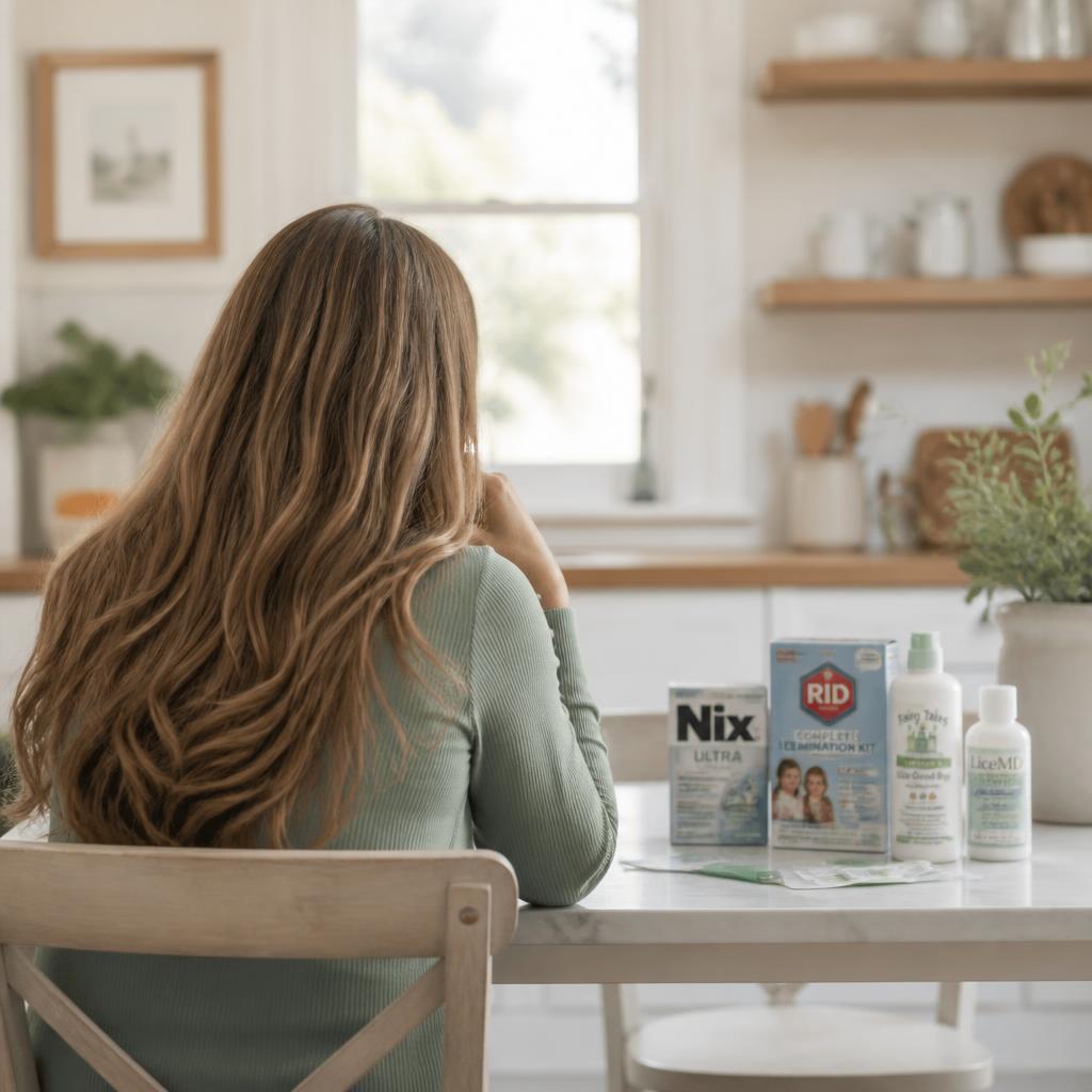 A parent unpacking bottles and boxes on a kitchen table at home