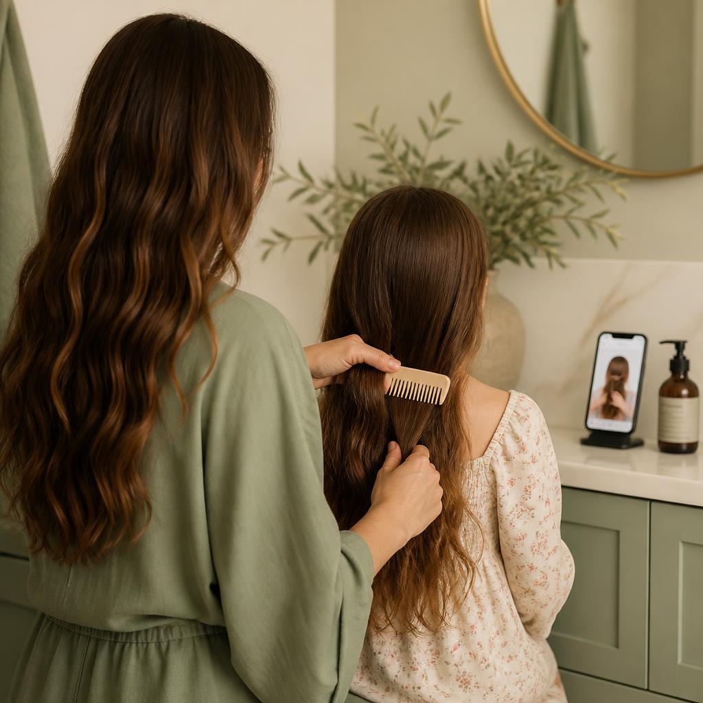 A parent following a tutorial on a tablet while combing hair